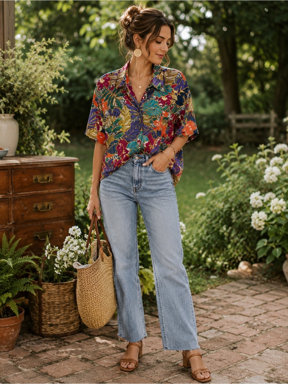 Vintage Tess 100% Silk Tropical Hawaiian Button Up Shirt Medium